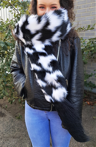 Tissavel Houndstooth and Long Black Bear Faux Fur Boa Scarf