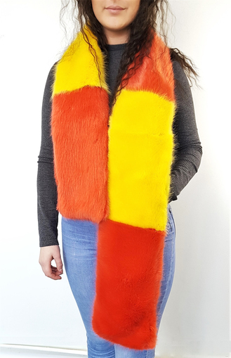 Coral and Yellow Mink Faux Fur Striped Scarf